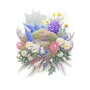 Country style mountains, antlers, peacock feathers, chrysanthemums, holly, larkspur, bluebonnets tattoo design idea