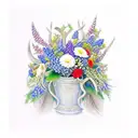 Country style mountains, antlers, peacock feathers, chrysanthemums, holly, larkspur, bluebonnets tattoo design idea