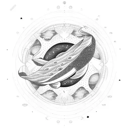astral whale and black hole with sabana tree in the middle tattoo design idea