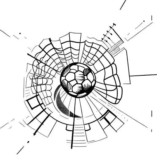 A minimalist tattoo of a soccer field with an industrial skyline in the background tattoo design idea