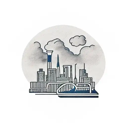 A minimalist tattoo of a soccer field with an industrial skyline in the background tattoo design idea