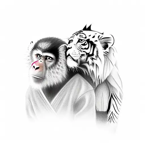 Anime-style portrait of a monkey and tiger playing together tattoo design idea