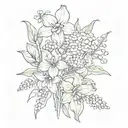 One violet, one daffodil, two lily of The Valley, one poppy and two marigold in a Bouquet  tattoo design idea