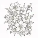 One violet, one daffodil, two lily of The Valley, one poppy and two marigold in a Bouquet  tattoo design idea