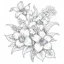 One violet, one daffodil, two lily of The Valley, one poppy and two marigold in a Bouquet  tattoo design idea