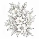 One violet, one daffodil, two lily of The Valley, one poppy and two marigold in a Bouquet  tattoo design idea