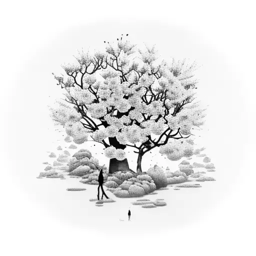 A cybersigilism-inspired tattoo garden surrounded by sakura trees tattoo design idea