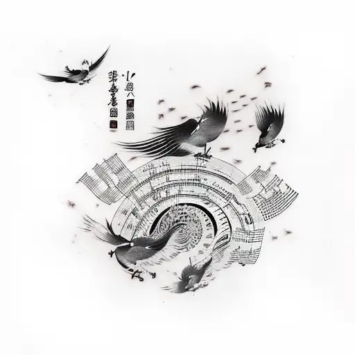 A Japanese-style tattoo of a music sheet with notes transforming into birds flying towards an anime girl with dark aesthetic clothing tattoo design idea