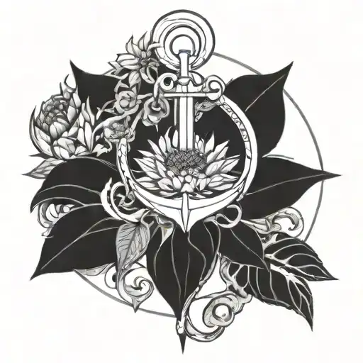 femine anchor intertwined with sunflowers and water lilies  tattoo design idea