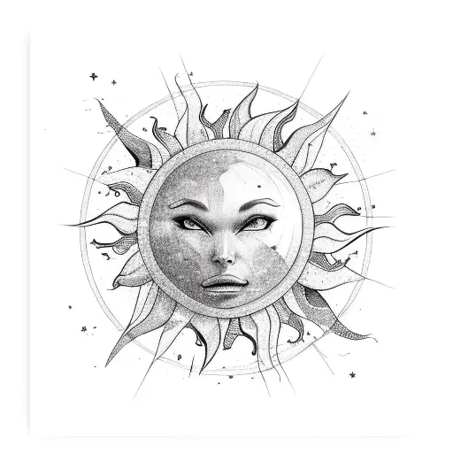 word "yellow" with sun, stars, planets tattoo design idea