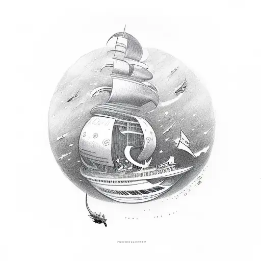 Captain harlock's spaceship with "new world" written in japanese. tattoo design idea