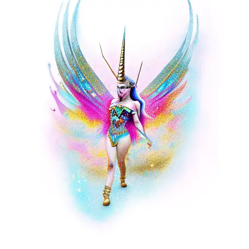 Princess warrior unicorn hard gold blood butterfly  tattoo design idea