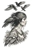 woman wearing raven head tattoo design idea