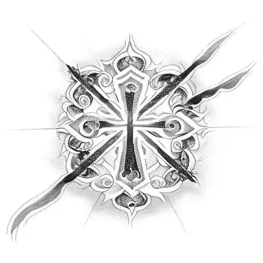 A blackwork tattoo of a cross surrounded by intricate flames, incorporating elements of the client's Christian faith and firefighting passion tattoo design idea