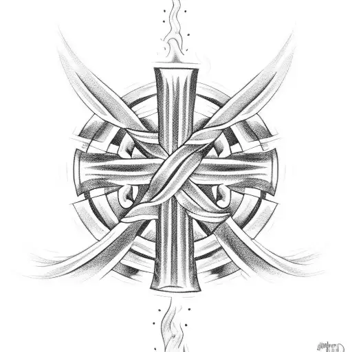 A minimalist tattoo of a Christian cross intertwined with a fire hose, symbolizing the client's devotion to their faith and firefighting profession. tattoo design idea