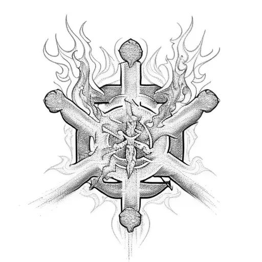 A blackwork tattoo of a cross surrounded by intricate flames, incorporating elements of the client's Christian faith and firefighting passion tattoo design idea