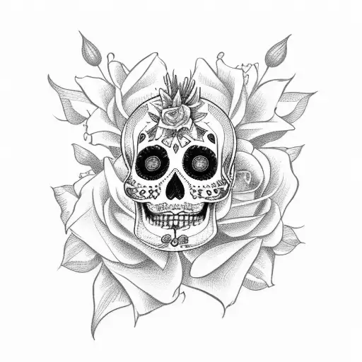 sugar skull with daffodils, roses, jonquils tattoo design idea