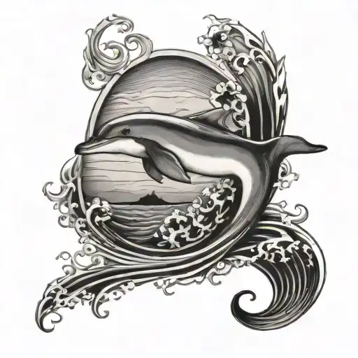 Saying "let it be" quote with a dolphin and ocean waves  tattoo design idea