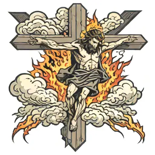 Jesus on the cross surrounded by a huge storm with lightning and fire tattoo design idea
