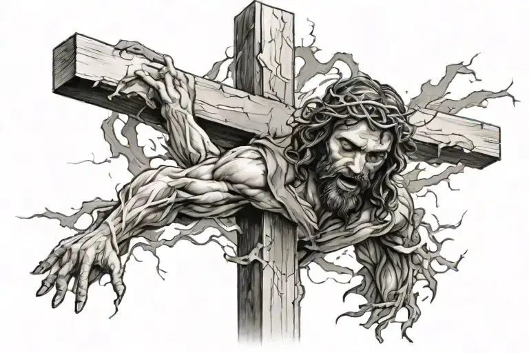 Jesus on the cross, in the background there is a thunderstorm, lightning, and fire tattoo design idea
