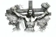 Jesus on the cross, in the background there is a thunderstorm, lightning, and fire tattoo design idea