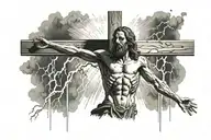 Jesus on the cross, in the background there is a thunderstorm, lightning, and fire tattoo design idea