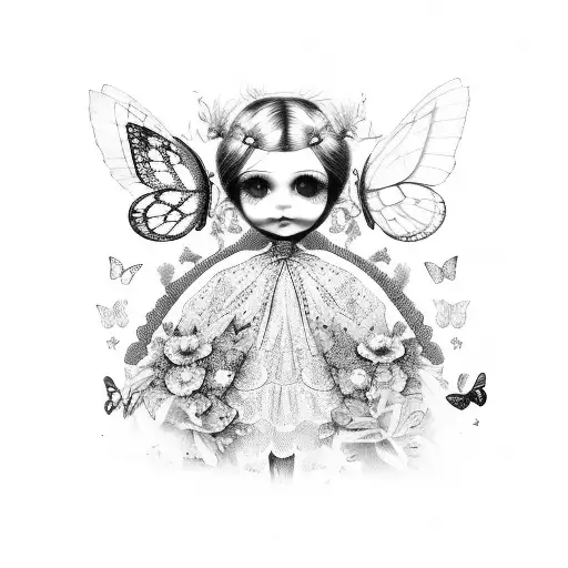 antique doll with butterflies  tattoo design idea