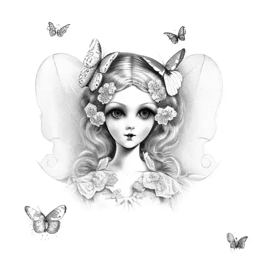 antique doll with butterflies  tattoo design idea