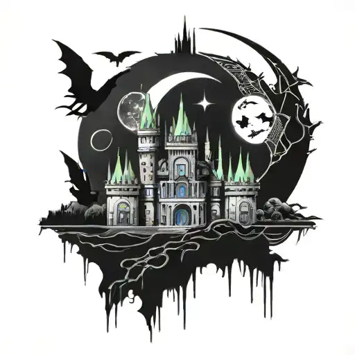 Vampire castle with bats, a moon, a scythe dark sigilism gothic style tattoo design idea