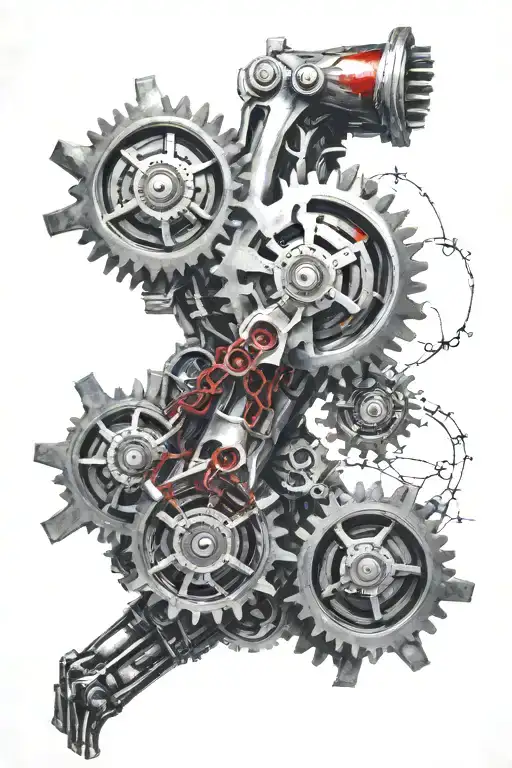 Bicep biomechanical xray with gears, blood and aggressive theme red and black  tattoo design idea