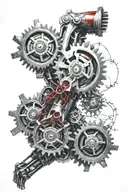 Bicep biomechanical xray with gears, blood and aggressive theme red and black  tattoo design idea