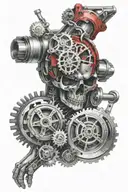 Bicep biomechanical xray with gears, blood and aggressive theme red and black  tattoo design idea