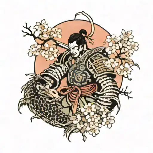 Japanese samurai in front with cherry blossom tree behind and dragon intertwined tattoo design idea
