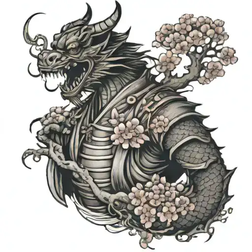 Japanese samurai with cherry blossom tree dragon intertwined tattoo design idea