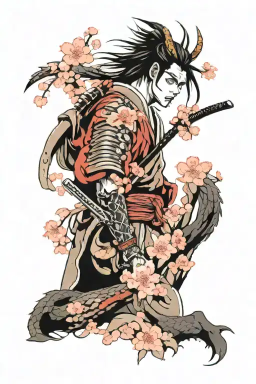 Japanese samurai with dragon and cherry blossom tree and Japanese temple  tattoo design idea