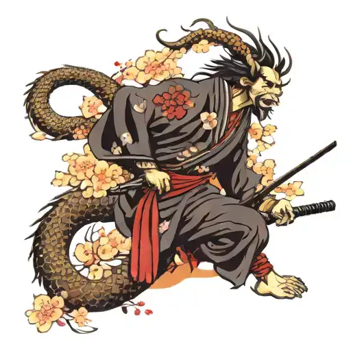 Japanese samurai with cherry blossom tree dragon intertwined tattoo design idea