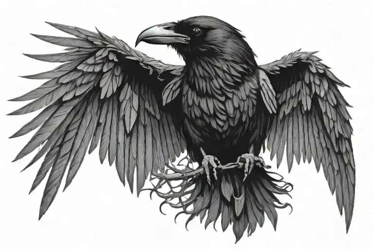 raven with wings spread out including thorns wrapping tattoo design idea