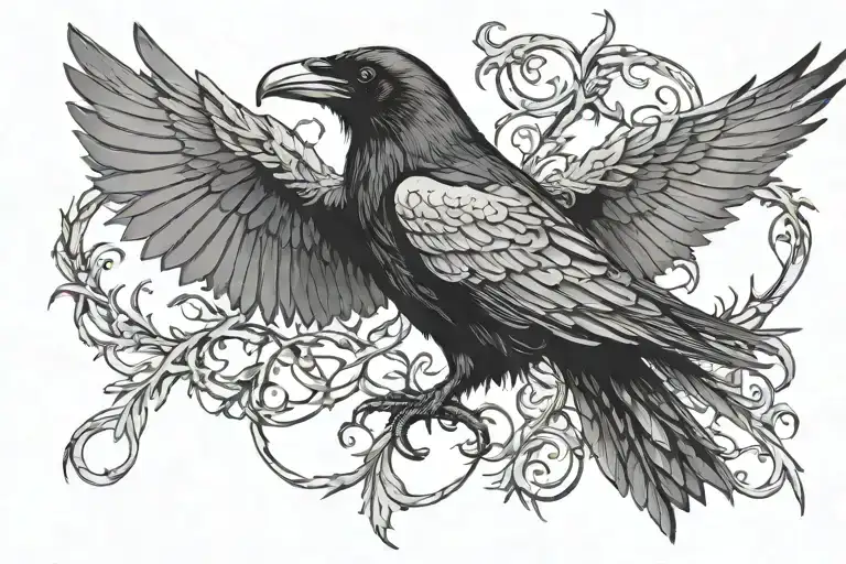 raven with wings spread out including thorns wrapping tattoo design idea