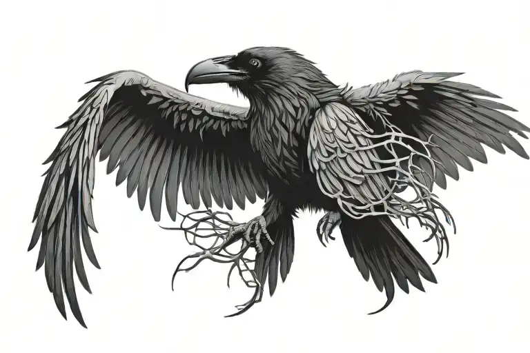 raven with wings spread out including thorns intertwined tattoo design idea