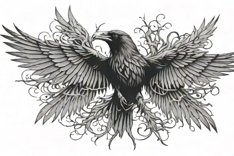 raven with wings spread out including thorns wrapping tattoo design idea