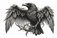 raven with wings spread out including thorns wrapping tattoo design idea