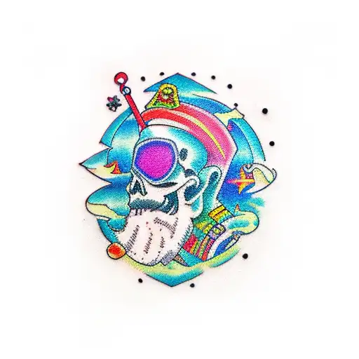 A traditional tattoo of a vibrant and playful makeup palette with gaming icons and colorful clothes surrounding it tattoo design idea