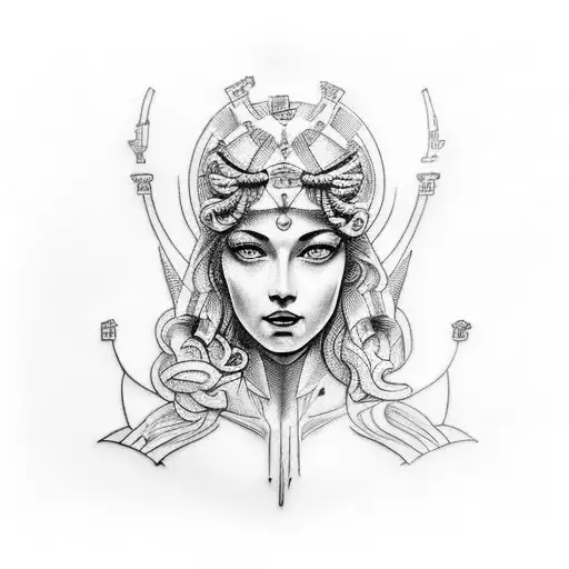 four unique tattoo designs. Each design should feature a Greek-inspired female sculpture with a futuristic element, whil tattoo design idea
