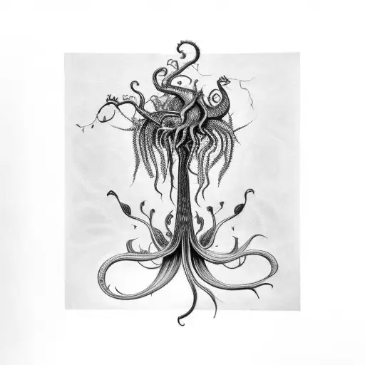 A black and grey tattoo of a gothic art nouveau design incorporating carnivorous plants tattoo design idea