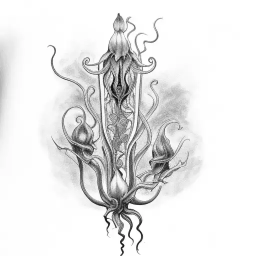 A black and grey tattoo of art nouveau design incorporating carnivorous plants tattoo design idea