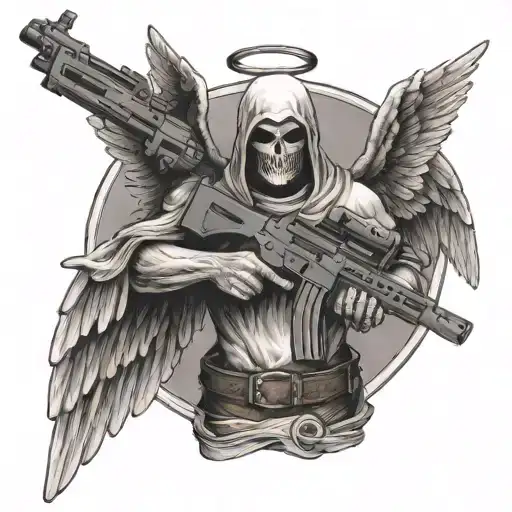 angel with no face holding colt m4  rifle crossed  tattoo design idea