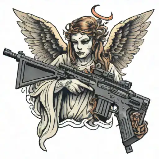 angel with no face holding ar 15 rifle crossed tattoo design idea