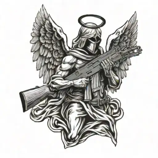 angel with no face holding colt m4  rifle crossed  tattoo design idea