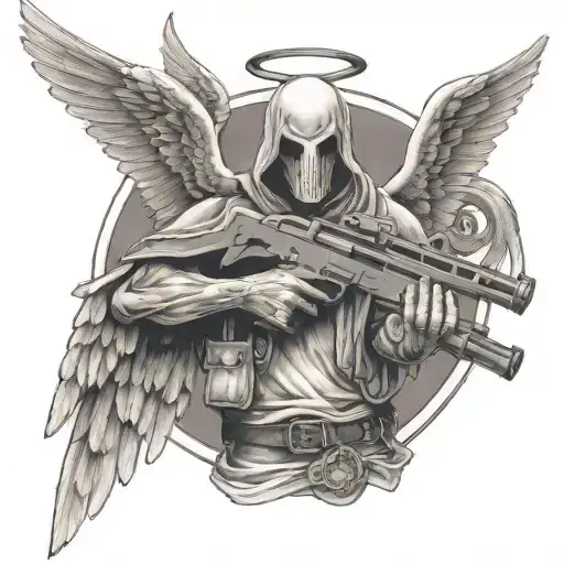 angel with no face holding colt m4  rifle crossed  tattoo design idea
