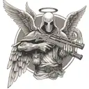 angel with no face holding colt m4  rifle crossed  tattoo design idea